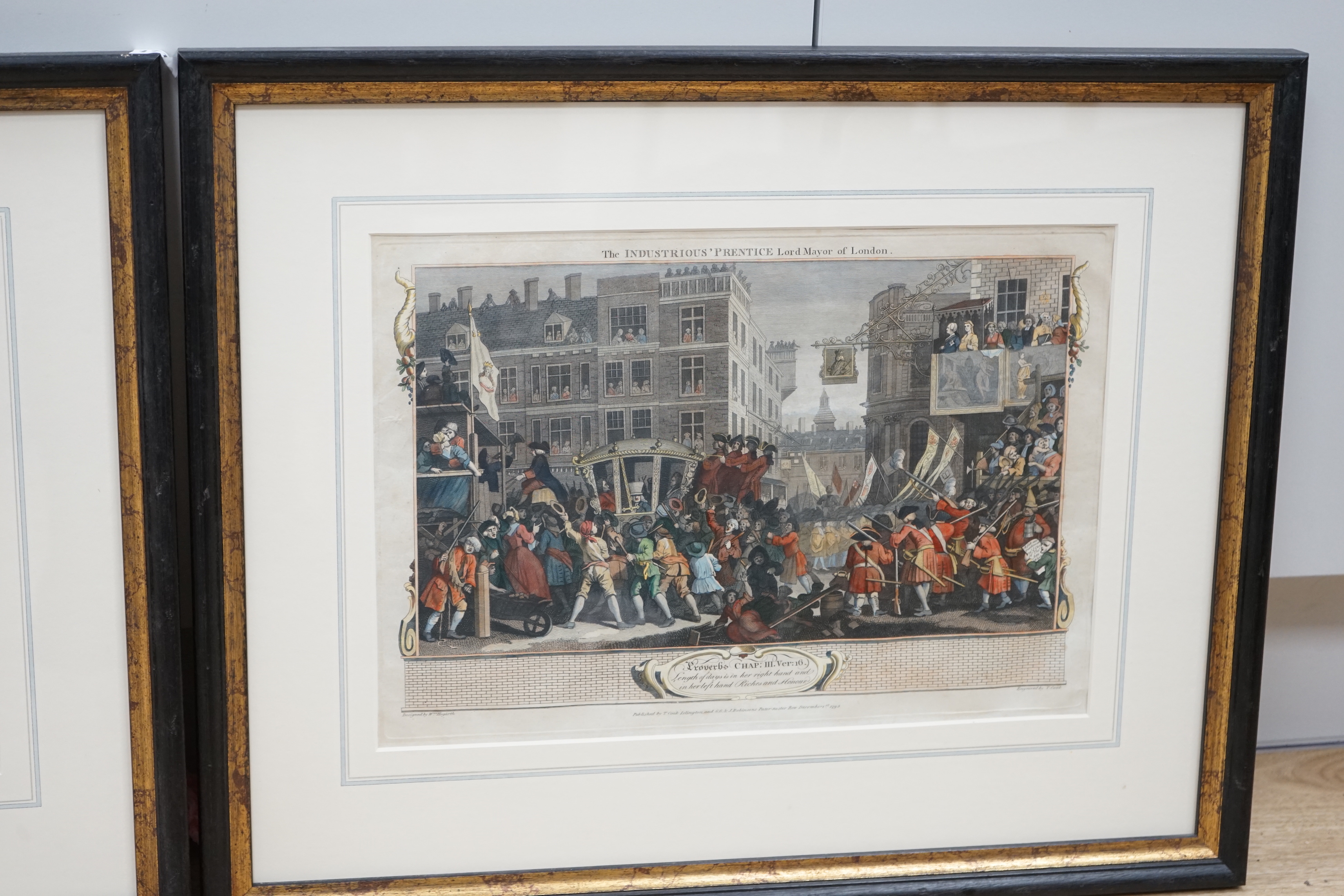 After William Hogarth (1697-1764) pair of colour engravings, ‘The Idle Prentice, Executed at Tyburn’ & ‘The Industrious Prentice, Lord Mayor of London’, publ. T Cook, 1795, 29 x 42cm